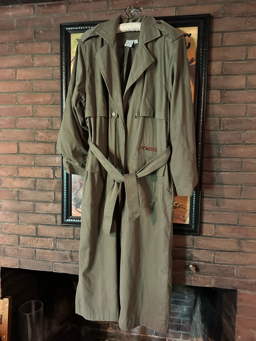 Iconic 80’s trench duster olive green 10 Tall Together rare size leather trimmed